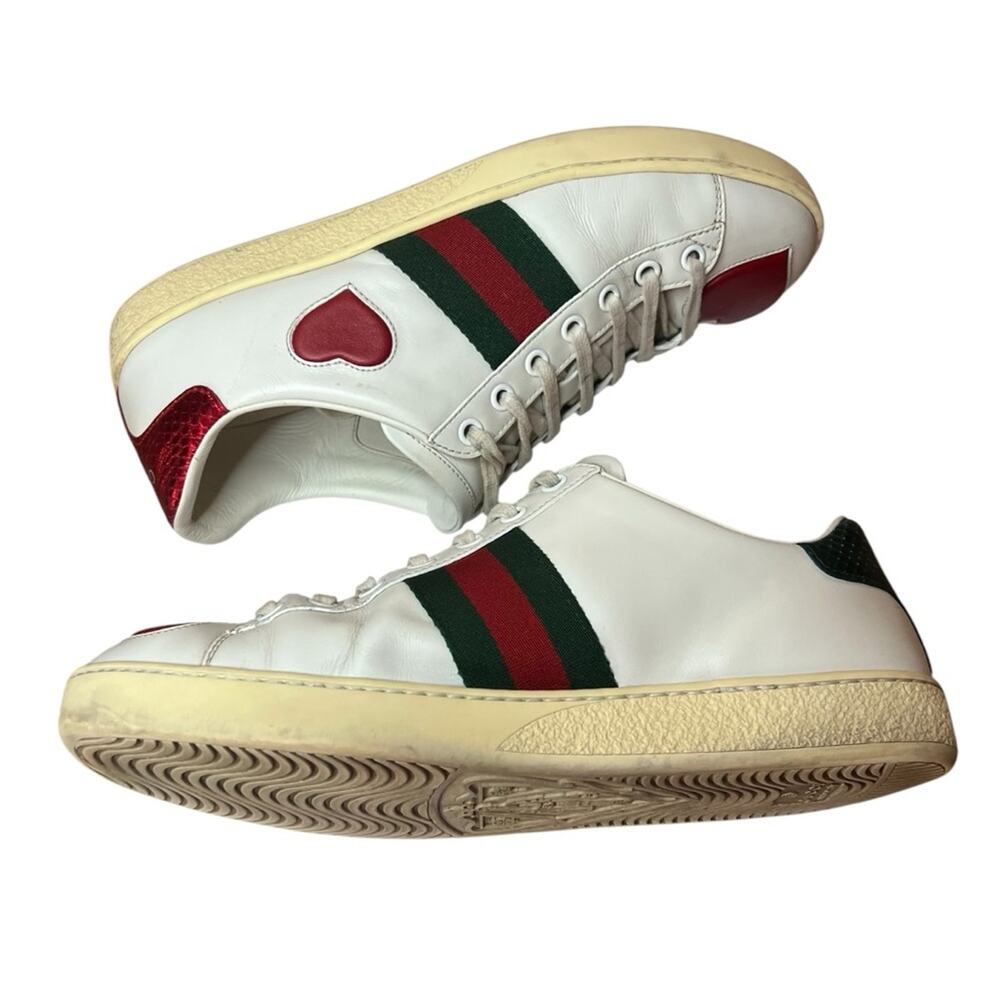 Gucci Ace Hearts Web Stripe Sneakers White Leather Low Top EU 37.5 US 7.5 - Picture 8 of 12